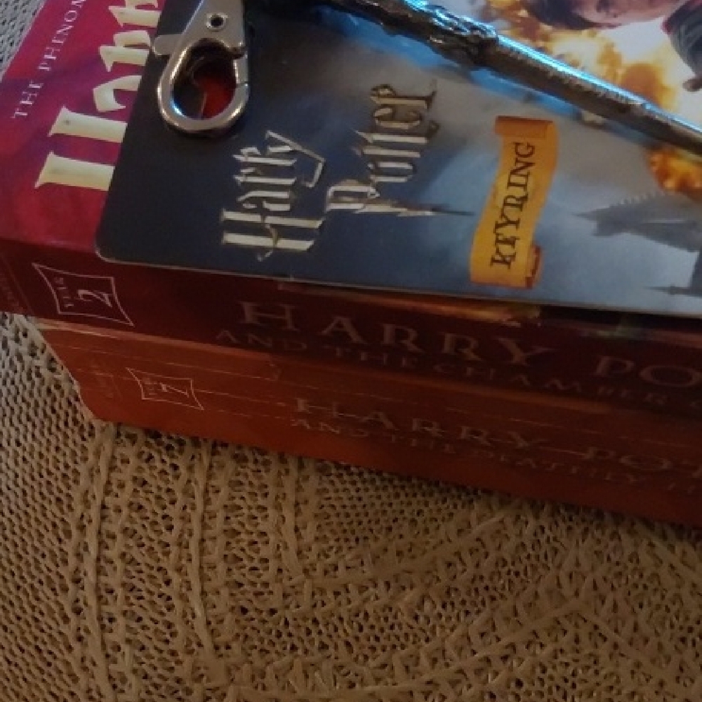 Harry Potter Silver Keychain and two Harry Potter Books